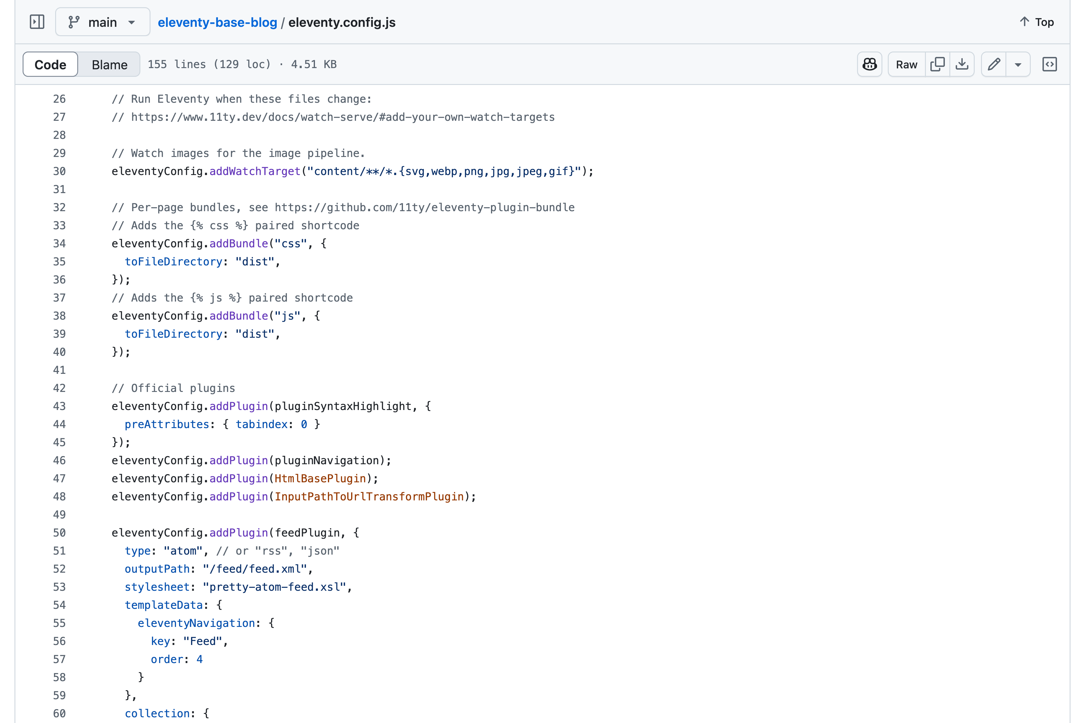 Long JavaScript code file labeled eleventy.config.js