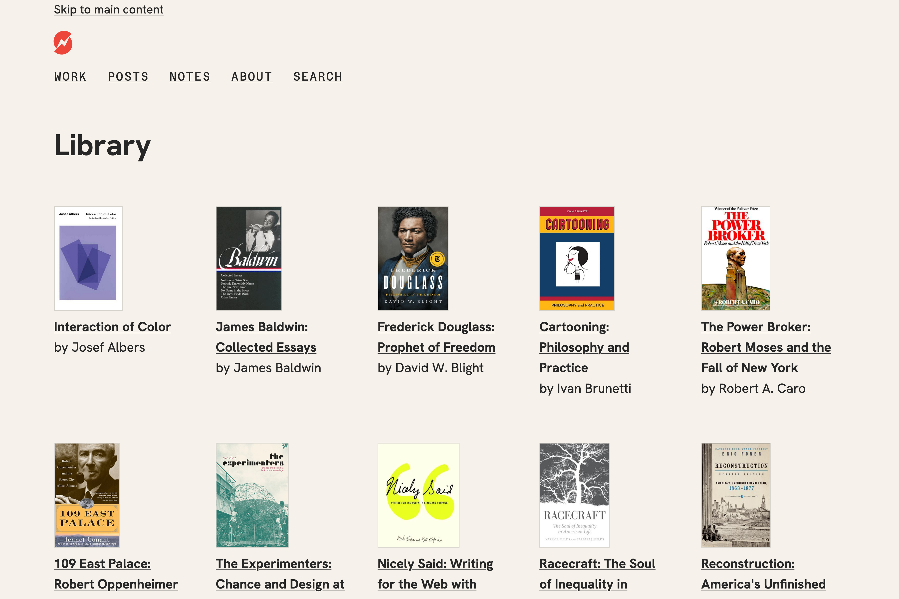 Library web page showing book covers for ten books with titles and authors